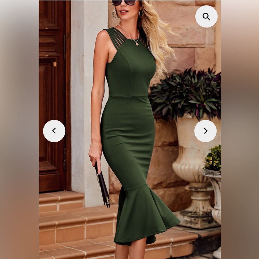 PrettyGarden Bodycon Midi Dress Mermaid Hem Olive Green | Size L | NWT